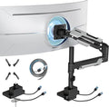ARES WING CoreArm Single Monitor Mount with USB, Ultrawide Monitor Arm for 24 to 57'' Heavy Duty Curved Screen, Adjustable Gas Spring Monitors Arm Stand up to 66LBS with 75/100/200 Vesa Mount, Black