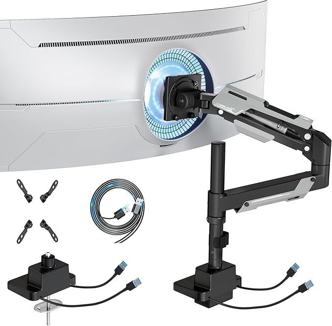 ARES WING CoreArm Single Monitor Mount with USB, Ultrawide Monitor Arm for 24 to 57'' Heavy Duty Curved Screen, Adjustable Gas Spring Monitors Arm Stand up to 66LBS with 75/100/200 Vesa Mount, Black