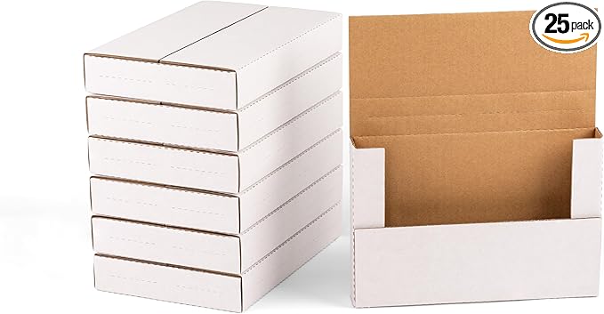 YUSHYIJIE 9x6x1.3 inch Small Shipping Boxes, Multi-Depth Flat Cardboard Boxes with Fragile Stickers for DVD Shipping, Packing, Moving, Storage, White, 25 Pack