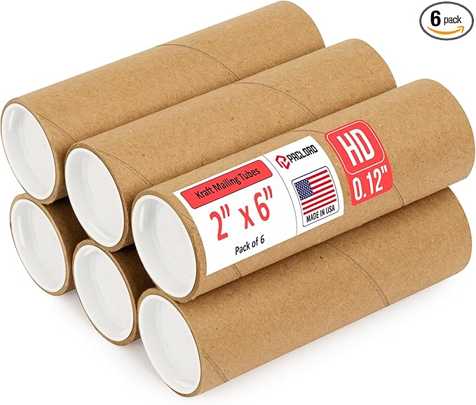 Paclord 2" x 6" Heavy-Duty Reinforced Cardboard Mailing Tube, Pack of 6 Tubes with 12 Caps – Secure USPS Approved – Great for Shipping and Storing of Prints, Artwork, Posters or Documents