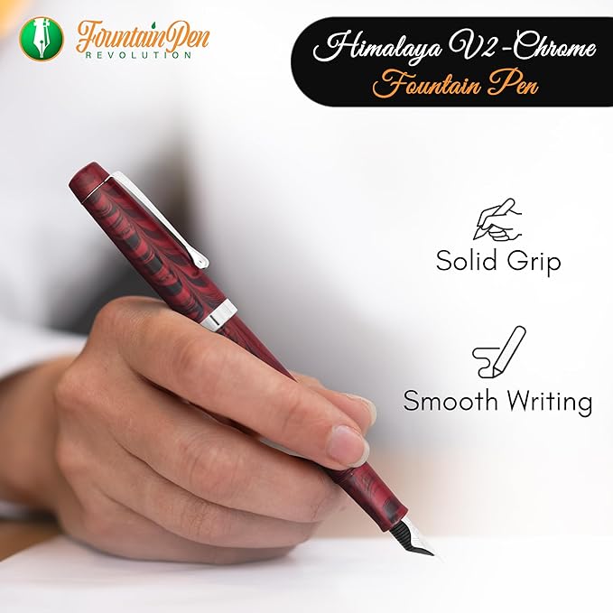FPR Himalaya V2-Chrome Ultra Flex Nib Pen - Twist-Style Converter Filled Calligraphy Pens for Writing - Fancy Pens for Men & Women - Flex Fountain Pen w/Metal Clip & Cap Ring (Maroon Ebonite)