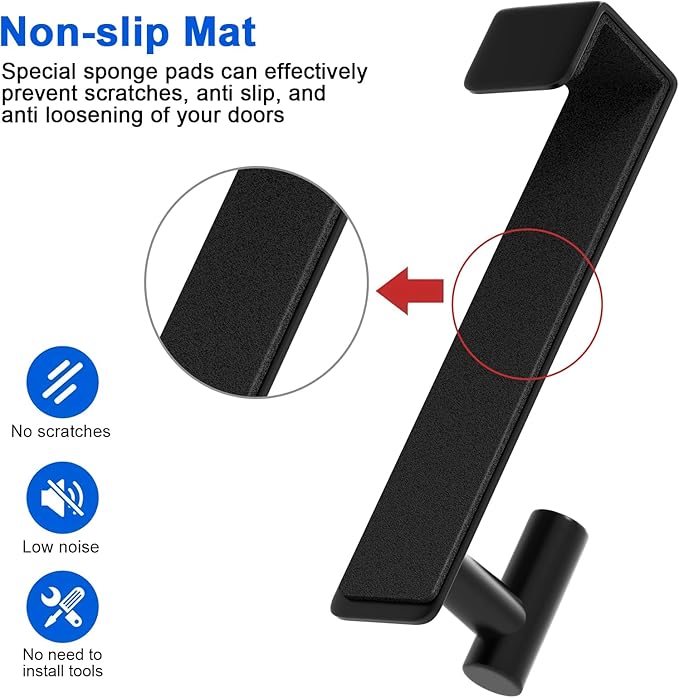 PMMASTO 2-Pack Over The Door Hooks - Rustproof Stainless Steel Door Hangers for 1-3/4 Inch Doors, Non-Marking and Tool-Free Easy Install (Black, T Shape-Fits 1-3/4" Thick Door)