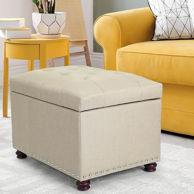 Decent Home 24" Storage Ottoman, Fabric Ottoman Foot Rest Stool with Hinged Lid, Tufted Rectangle Upholstered Footstool, Load Up to 350 lb, for Living Room, Bedroom, Dorm, Tan
