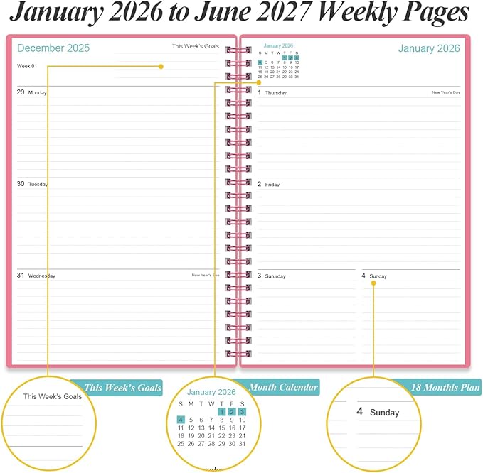 2026-2027 Planner - 18 Months Weekly & Monthly Planner from January 2026 - June 2027, Spiral Planners 2026-2027 with Elastic Closure, Inner Pocket, Medium 5.8" x 8.3", Pink