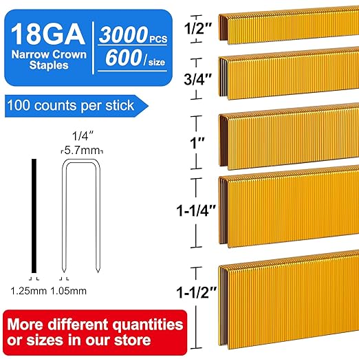 SimCos 18 Gauge 1/4" Narrow Crown Staples (1-1/2",1-1/4" 1", 3/4", 1/2"), Galvanized Assorted Sizes for 18 GA Pneumatic or Electric Stapler or Staple Gun,Project Pack (Assembly 3000)
