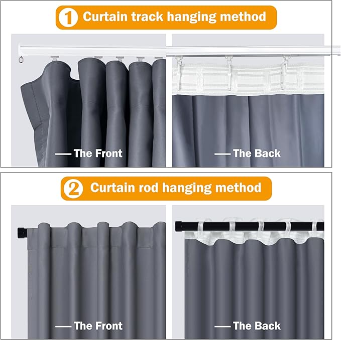 hoeflife Room Divider Curtains Blackout Floor to Ceiling Curtain with Hook Wall Mount Sliding Door Curtains Ceiling Mount Extra Wide Curtain Wall Divider for Room Separation (Grey, W180 x H96 Inch)