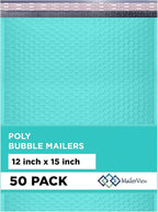 Teal Large Poly Bubble Mailers 12x15 inch | Self Seal Padded Envelopes Cushioned Bubble Mailer | Usable Size 12x15 | WaterProof | Lightweight mailing Shipping Bags | 50 Pack Bulk