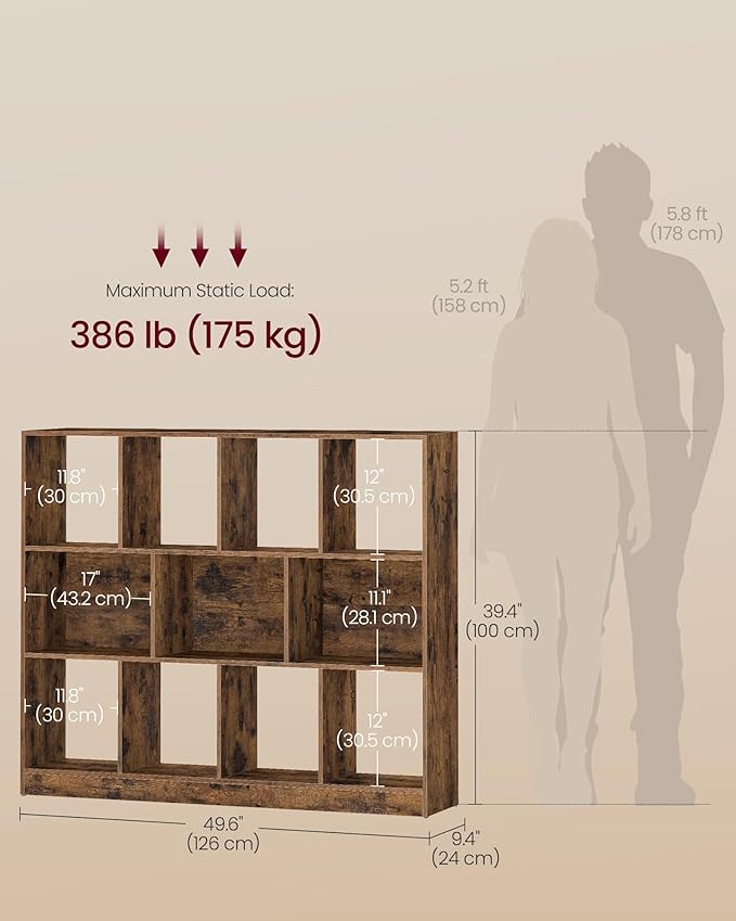 VASAGLE Custos Collection - Bookshelf, 3-Tier Bookcase, Book Shelf, Open Storage Shelf, 9.4 x 49.6 x 39.4 Inches, for Living Room, Home Office, Dining Room, Rustic Brown ULBC454K01