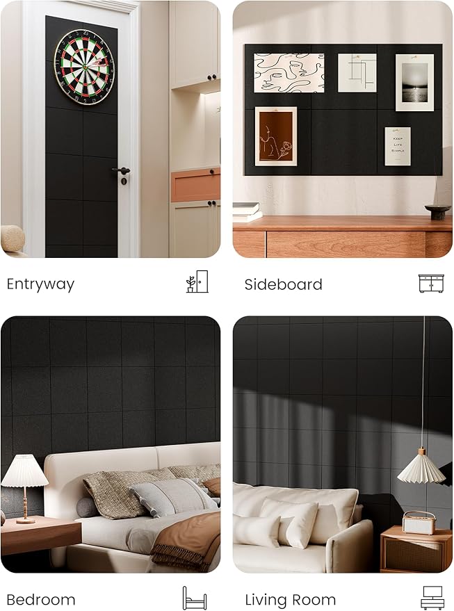 Bumusty Large Cork Board 36"x24" Alternative - 6 Pack Felt Wall Tiles with 40 Safe Removable Adhesive Tabs, 30 Pushpins, Cork Boards for Walls Pin Board Bulletin Board Office Decor (Black)
