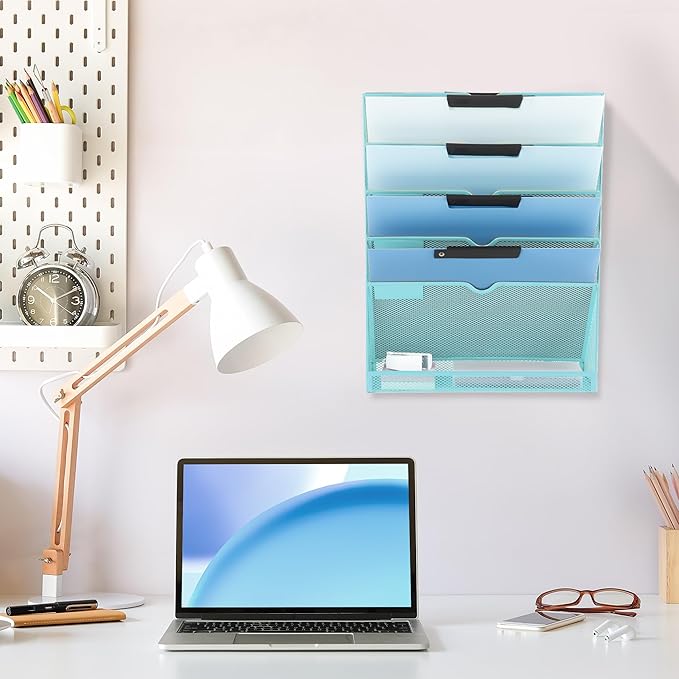 EASEPRES 6 Tier Mesh Hanging Wall File Organizer, Desk Vertical Mail Paper Document Folder Holder Rack with Bottom Tray and Nametag Label for Office Home School, Blue