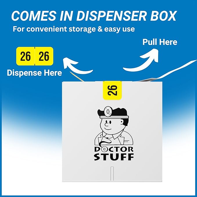 2026 Year Labels, Doctor Stuff 2026 Chart Stickers, Fluorescent Yellow Color Coded, USA Made Year Stickers for End Tab File Folders, 500 Labels/Roll in a Dispenser Box, 3/4" x 1-1/2"