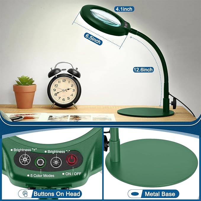 IVMAIE 10X Magnifying Glass with Light, Real Glass Lens, 5 Color Modes Dimmable, Flexible Gooseneck Lighted Magnifier with Stand, LED Desk Lamp Hands Free for Crafts Painting Reading Close Work, Green