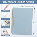 SUNEE 2026 Planner, Weekly and Monthly Calendar Planner, January 2026-December 2026, Daily Agenda with Tabs, Note Pages, Spiral Binding, 6.4"x8.3", Blue