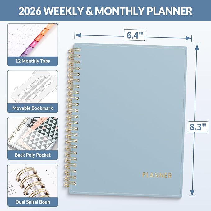 SUNEE 2026 Planner, Weekly and Monthly Calendar Planner, January 2026-December 2026, Daily Agenda with Tabs, Note Pages, Spiral Binding, 6.4"x8.3", Blue
