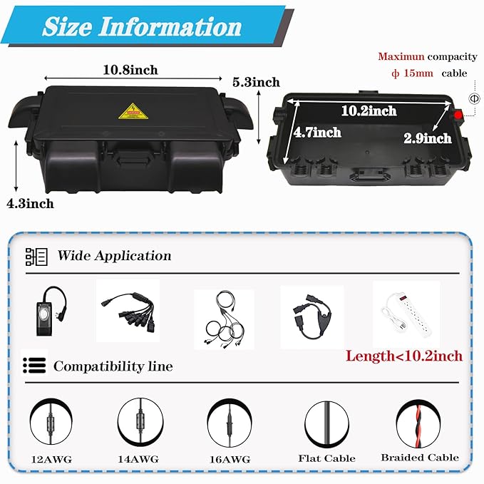 DIQIMIAQ Medium Outdoor Electrical Box(inner 10.3*4.8*3.1inch) With Waterproof shield, Waterproof Extension Cord Cover w/6 Cable , Weatherproof Connection Box Protect for Plug,Connector (Black, 2PCS)