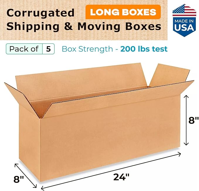 Long Moving & Shipping Boxes 24 x 8 x 8 inches (5-Pack) - Extra Strength 200 lb vs Regular - Corrugated Cardboard Boxes for Delivery - Long Box for USPS - Box to Pack Moving by IDL Packaging