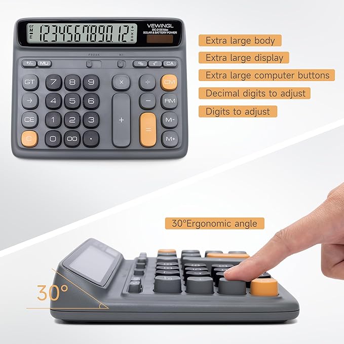 VEWINGL Desktop Calculator with Large LCD Display, 12-Digit Dual Power Solar & Battery Office Calculator with Big Buttons for Business, Accounting & Home Use (Green, L)