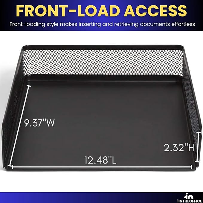 1InTheOffice Letter Trays for Desk Stackable, Front-Load Mesh Desk Tray Organizer, Black, 2 Pack