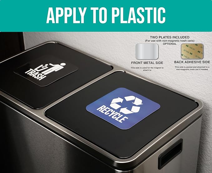 Recycle and Trash Magnets for Kitchen Trash Cans and Recycling Bins, Indoor Trash and Recycle Magnet Combo for Garbage Can Logo Symbol, 2 Magnetic Sticker Adhesives, 5.5 Inch Square, Waste Bin (Blue)
