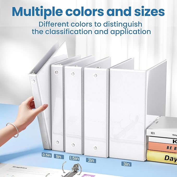 SUNEE 1/2 Inch Binders 3 Ring 12 Pack Bulk, 3 Ring Binders Clear View PVC-Free (Fit 8.5x11 Inches) for School or Office Supplies, White