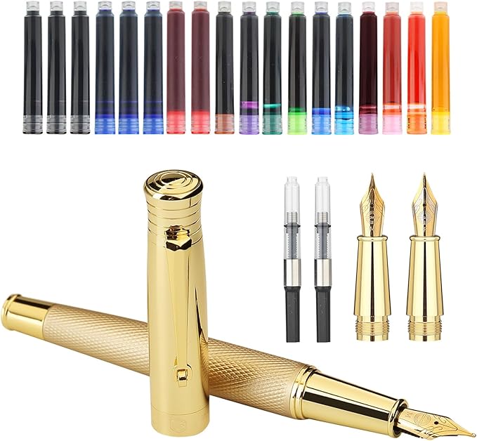 GC QUILL Fancy Fountain Pen Set – Fine and Medium Nibs, 18 Ink Cartridges, Ink Converter, Syringe Filler, Luxury Pen Gift for Men Women, Nice Pen for Writing Journaling (Gold)