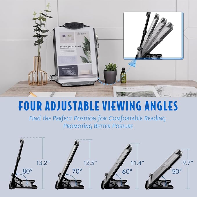 EHO Adjustable Document Holder Bottom with 5mm Shelf Lip, Portable Paper Stand for Reading, Typing, with Clip, Line Guide, Easel Back, for Office, Desktop, Recipes, Music Sheets, paper and more, Black