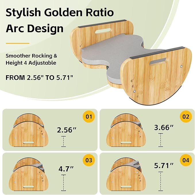 Ergonomic Under Desk Bamboo Footrest, 3-in-1 Reversible Rocking Footrest with Footpads, 4 Adjustable Heights Office Foot Stool, Large Anti-Slip Surface, Improves Posture and Blood Circulation