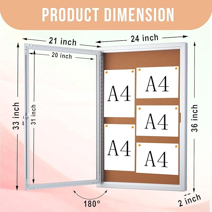 Homezelle Enclosed Cork Bulletin Board 36"x24" Outdoor Weatherproof Cork Noticeboard with Locking Door Wall-Mounted Silver Aluminium Frame for Home, School, Office, Community, Hospital