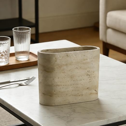 Natural Travertine Textures Mini Trash Can, Small Counter Rectangle Trash Can for Bathroom Kitchen Table Desk, Tiny Waste Basket for Vanity - Silicone Pad Anti Scratch, Non-Slip (Made of Resin)