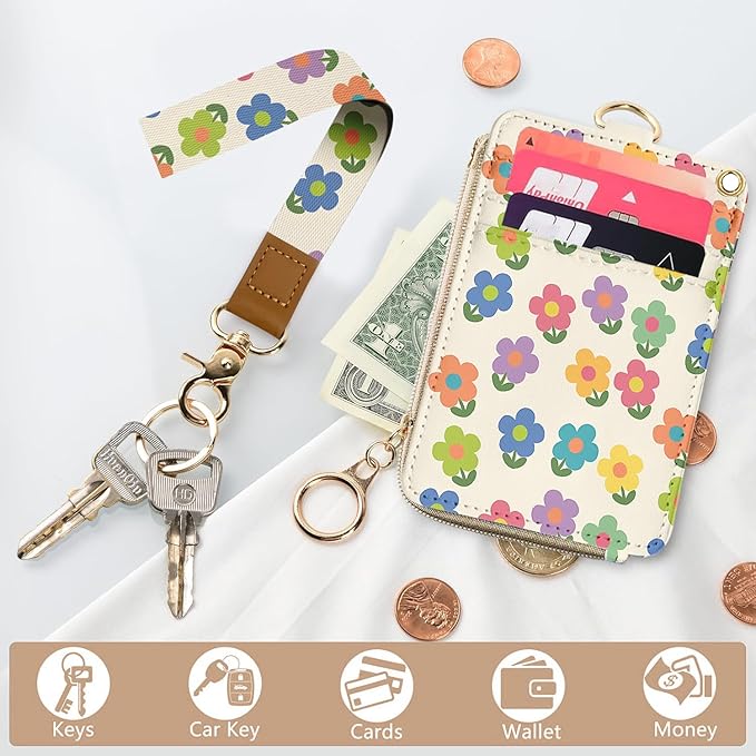 bolimoss 2-in-1 ID Badge Holder & Lanyard Wallet, Cute Floral Lanyard with Wallet, ID Badge Holder with Neck & Wristlet Lanyard, Pu Leather Zip Id Case Wallet with Breakaway Lanyard, Keychain Wallet