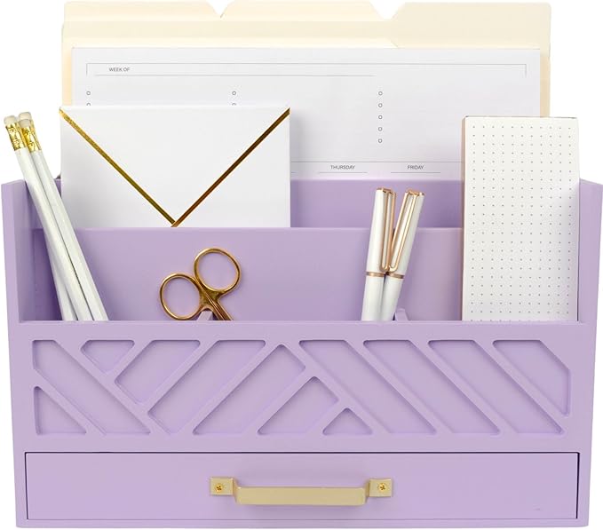 BLU MONACO Purple Mail Organizer Countertop | Wooden Desk Storage with Drawer | Mail Sorter & Bill Holder for Desk | Farmhouse Desktop Organizer with Basket for Home, Office & Kitchen