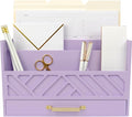 BLU MONACO Purple Mail Organizer Countertop | Wooden Desk Storage with Drawer | Mail Sorter & Bill Holder for Desk | Farmhouse Desktop Organizer with Basket for Home, Office & Kitchen