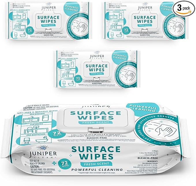 Juniper CLEAN 3 Pack Surface Cleaning Wipes Bleach Free, All-Purpose Cleaner for Bathroom, Kitchen, Office, 72 Count Soft Flow, Fresh Scent, Lint Free & Durable