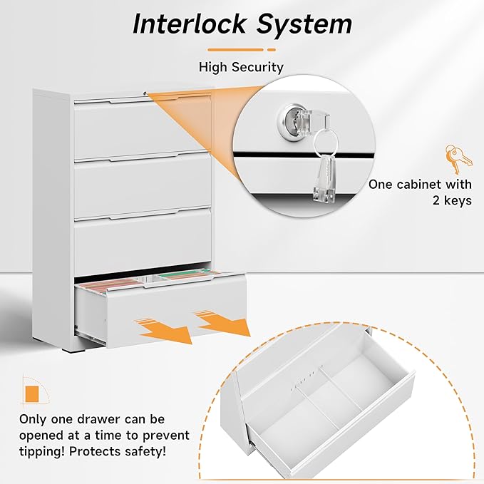 Bestoo 4-Drawer Lateral File Cabinet with Lock, Filing Cabinet for Home Office, Metal File Storage Cabinets, Fits File Folders, Letter/Legal/F4/A4 Sizes, Assembly Required (White)