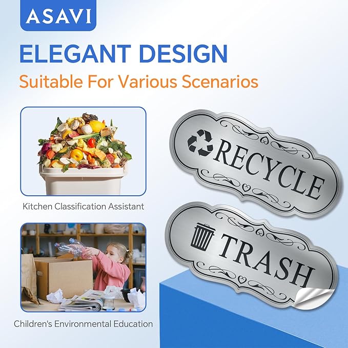 ASAVI Trash & Recycle Stickers – 2-Pack Self-Adhesive Vinyl Labels, Waterproof & Durable (Brushed Silver Black, Medium 6.3 x 2.7 inches)
