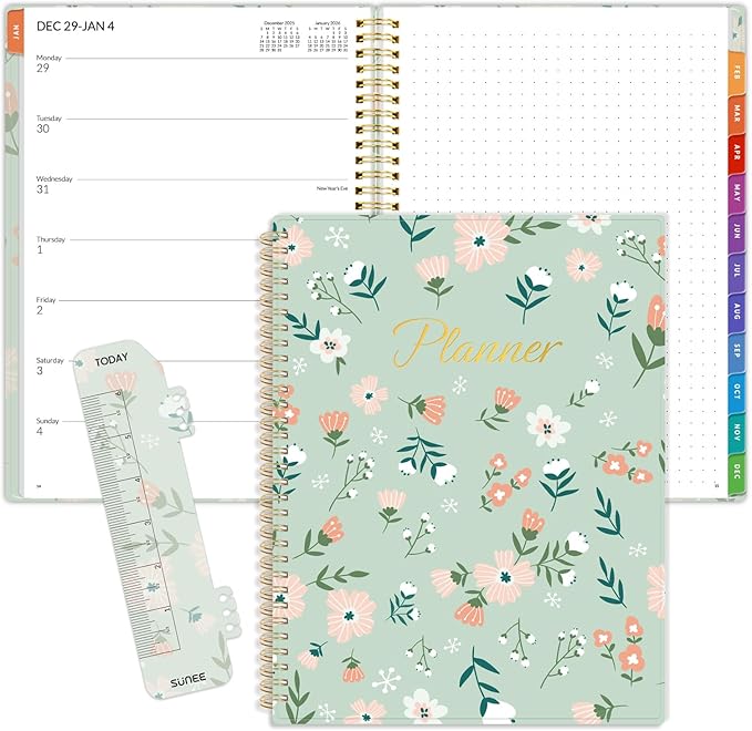 SUNEE 2026 Planner, Weekly and Monthly Calendar Planner, January 2026-December 2026, Daily Agenda with Tabs, Note Pages, Spiral Binding, 8.5"x11", Wildflowers