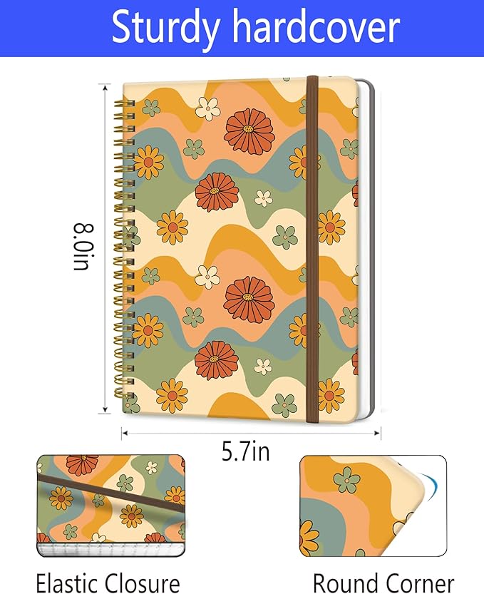 DHGPTS Spiral Journal Notebook, A5 Cute Notebooks for Women Men, College Ruled Hardcover Notebook for Work & Note Taking, 60 Pages Double-Wire Journals for Writing, Retro Boho Flowers