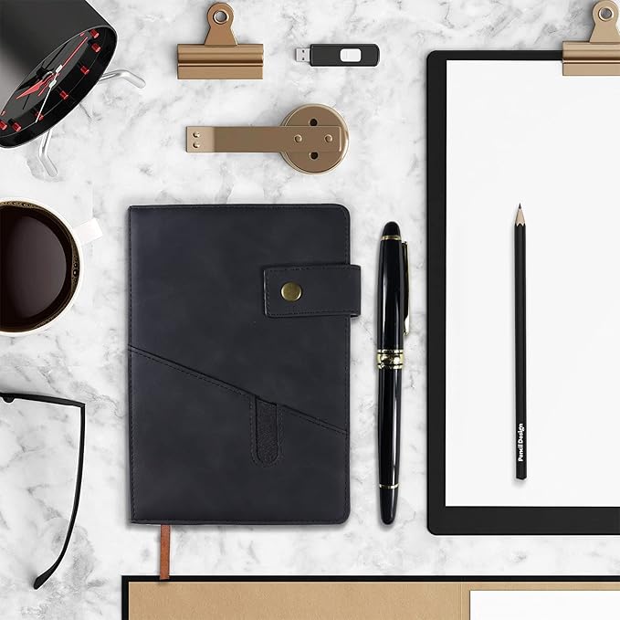vfaejll Black A5 Lined Leather Journal Notebook for Men Women,5.9" X 8.4" Personalized Hardcover Journal with Pen,200 Pages 100 Gsm Thick Ruled Paper Daily Diary for School,Travel,Work,Writing