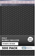 MAILERVIEW Black Small Bubble Mailers 4x8 Inch #000 | Thick Padded Poly Bubble Mailer Envelopes | 500 Pack Bulk | Trading Card Sports Card Shipping