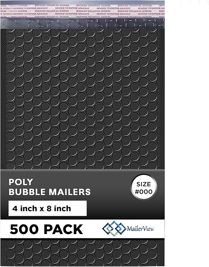 MAILERVIEW Black Small Bubble Mailers 4x8 Inch #000 | Thick Padded Poly Bubble Mailer Envelopes | 500 Pack Bulk | Trading Card Sports Card Shipping