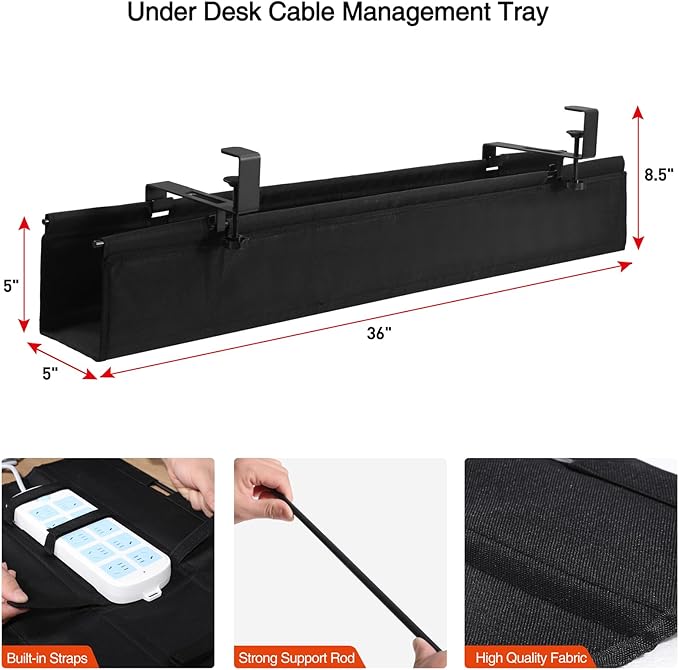 MAXECHO Under Desk Cable Management Tray 36" - Clamp on Wire and Cable Organizer for Storage and to Hide Cords - Ideal for Home Office - Premium Black Fabric Design