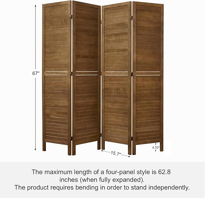 Room Partitions and Dividers, Temporary Wall with Double Hinges, 5.6 Ft Tall Folding Louver Wood Screen for Home Office Bedroom Hotel Decoration (4 Panels, Brown)