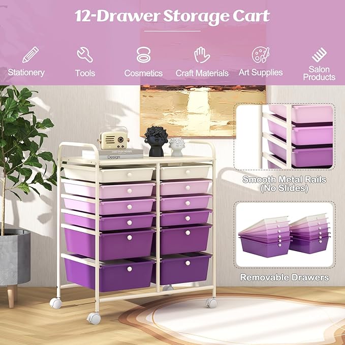 LDAILY 12 Drawer Rolling Storage Cart, Craft Cart Organizer on Wheels with Metal Frame, Large Capacity & Smooth Drawers for Living Room, Classroom, Office (Gradient Purple)