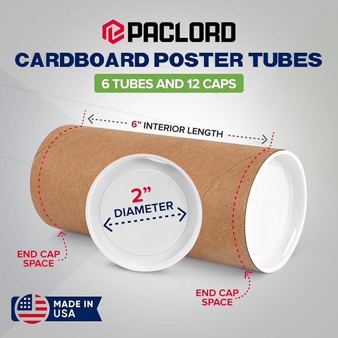 2" x 6" Reinforced Kraft Paper Mailing Tubes, Pack of 6 Tubes with 2 Caps Each – USPS Approved Poster Tube – Made in USA Cardboard Tube for Shipping and Storing Posters, Prints, Artwork, or Documents