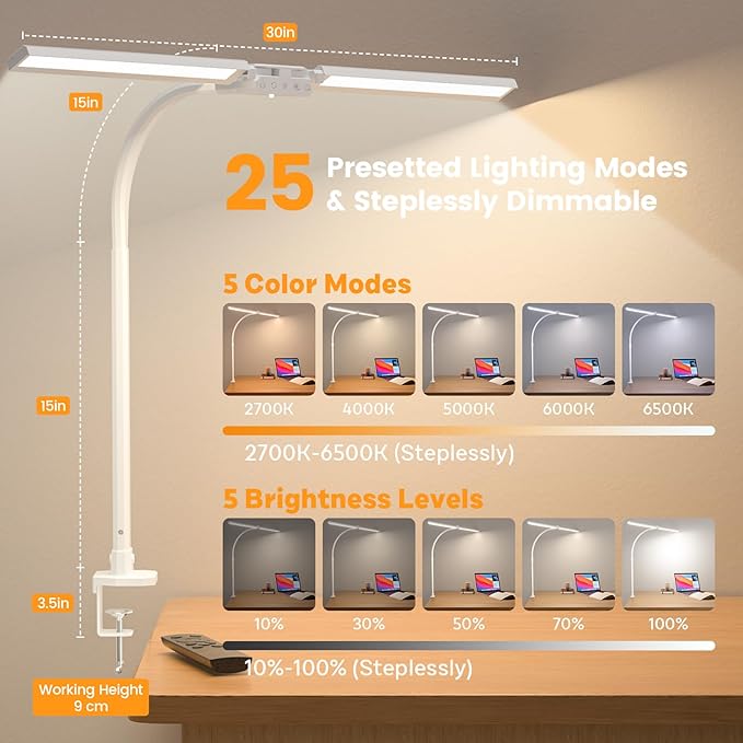 SIBRILLE Upgraded LED Desk Lamp for Home Office with RGB, Rotatable Computer Desk Light with Remote, Eye Caring Table Lamp with Clamp, Dimmable Dual Head Desk Lighting for Desktop, 22W, White