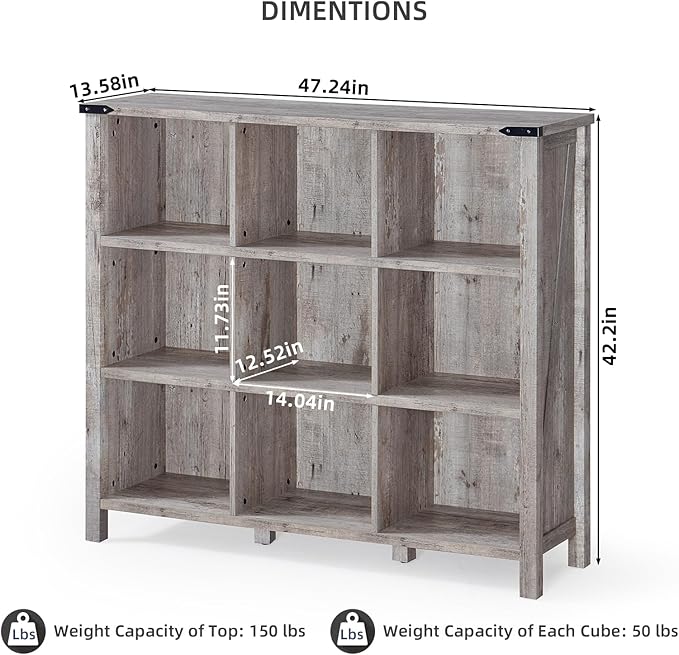 Joaxswe 9 Cube Bookcase, Farmhouse 47 Inch Wide Grey Oak Bookshelf, Wooden 3 Tier Display Large Open Book Shelf, Vintage Horizontal Book Case for Home Office, Cubby Storage Cabinet for Living Room