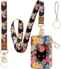 bolimoss Black Cat Flower Lanyard Wallet,Pu Leather Women Zid ID Case with Lanyards,Cute Neck & Wrist Lanyard Keychain for Women, Teacher, Nurse, Office Name Tag Badge Holder ID Card Holder
