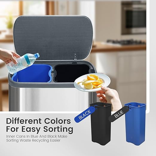 JM ·YIPENG Dual Trash Can Stainless Steel Recycle Bins for Kitchen, 16 Gallon Dual Compartment Recycling Trash Can with Soft-Close Lid and Removable Liner Buckets for Kitchen, Living Room, Sliver