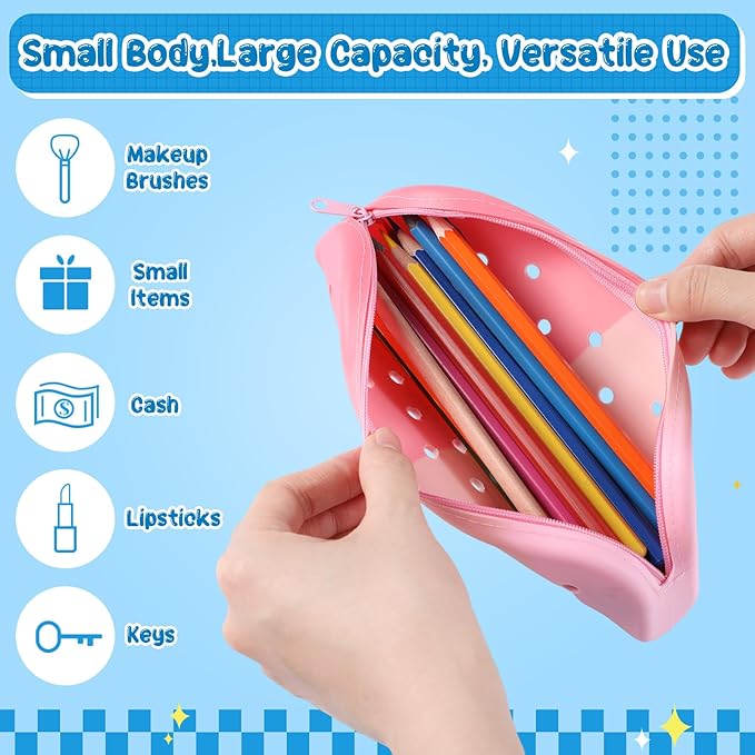 Bulyoou 12 Pcs Small Silicone Pencil Pouch Bulk Colorful Silicone Waterproof Pencil Case with DIY Holes Rubber Aesthetic Portable Makeup Bag Pen Storage Organizer for Women Travel Office Supplies
