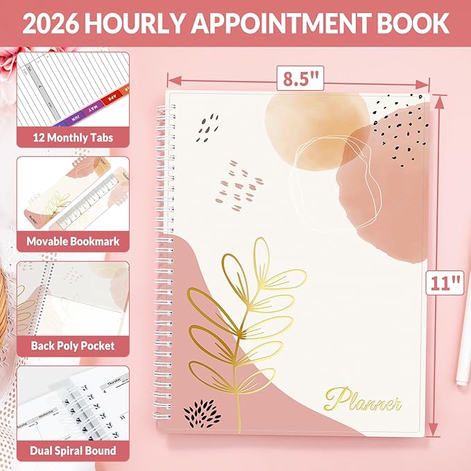 SUNEE 2026 Appointment Book, 2026 Hourly Planner 8.5" x 11", Hourly, Weekly & Monthly Planner - from January 2026 - December 2026, Flexible Cover, Note Page, Pocket, Bookmark, Boho